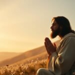 Bild von Jesus, der im Morgengrauen auf einem Feld sitzt und mit einer Geste der Dankbarkeit betet