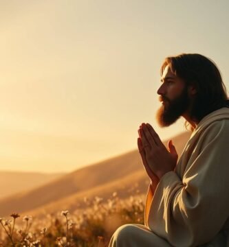 Bild von Jesus, der im Morgengrauen auf einem Feld sitzt und mit einer Geste der Dankbarkeit betet