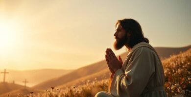 Bild von Jesus, der im Morgengrauen auf einem Feld sitzt und mit einer Geste der Dankbarkeit betet
