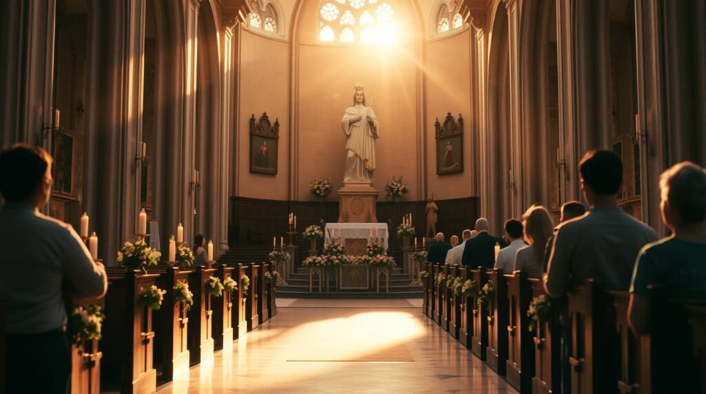Bild des Innenraums einer Kirche mit Blick auf den Sockel mit einer Gruppe betender Menschen auf der Sitzfläche