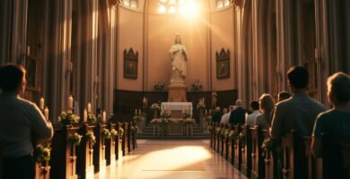 Bild des Innenraums einer Kirche mit Blick auf den Sockel mit einer Gruppe betender Menschen auf der Sitzfläche