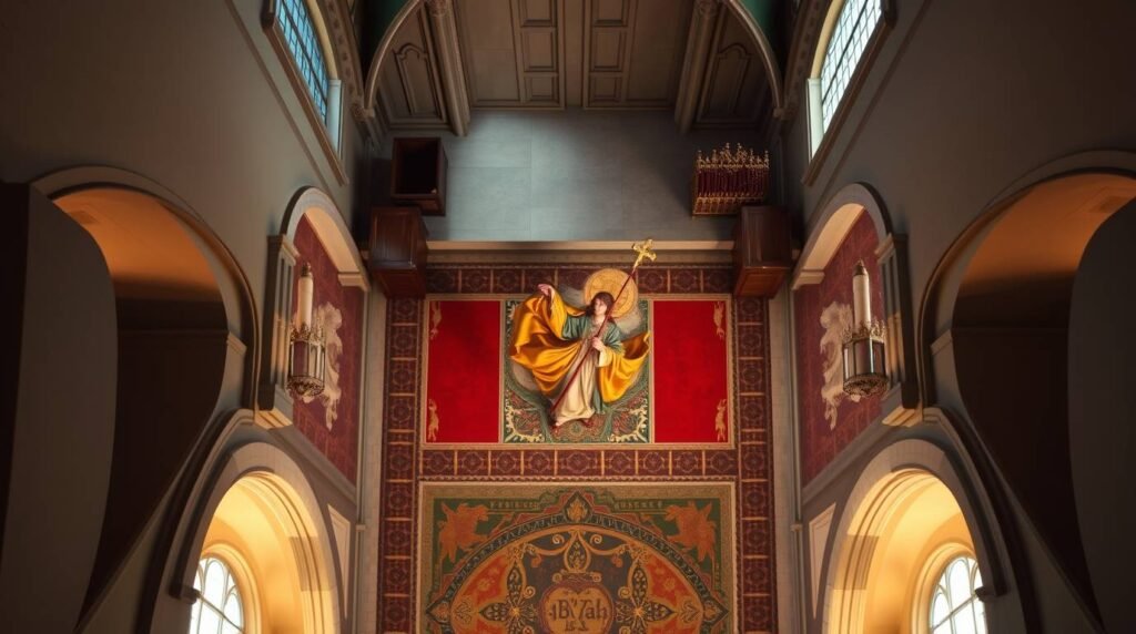 Bild der Decke im Inneren einer Kirche mit Engelsbildern an der Wand