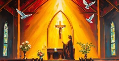 Bild im Aquarellstil eines Kircheninneren mit einem betenden Priester und herumfliegenden weißen Tauben.