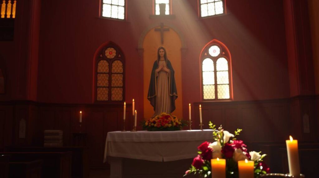 Bild des Inneren einer Kapelle mit dem Bild der Jungfrau Maria um Kerzen und Blumen herum, durch die Fenster fällt Licht
