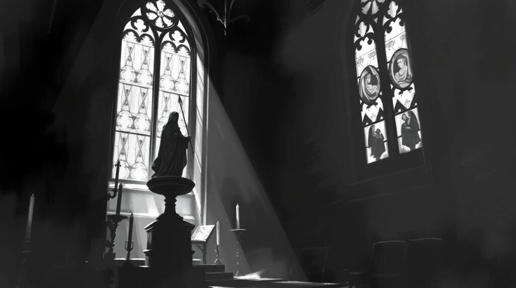 Schwarz-Weiß-Bild der Christusstatue in einer Kirche mit Licht, das durch das Fenster fällt
