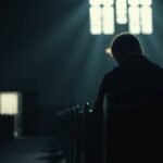 Bild eines Mannes, der mit dem Rücken zu einer Kirche steht und betet, während er auf einer Bank in einer Kirche sitzt.