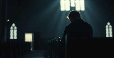 Bild eines Mannes, der mit dem Rücken zu einer Kirche steht und betet, während er auf einer Bank in einer Kirche sitzt.