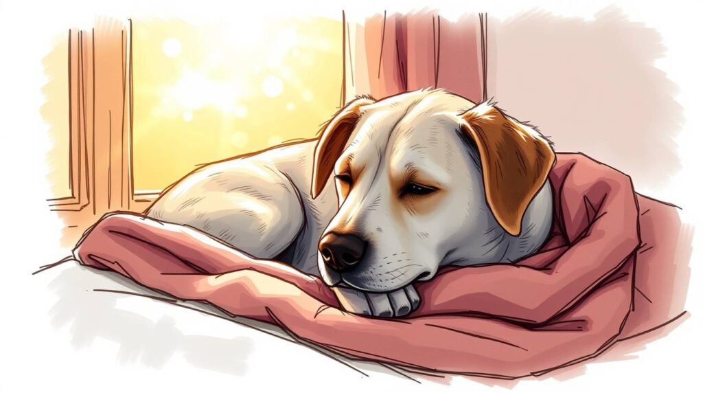 Gemaltes Bild eines Hundes, der auf einer Decke liegt