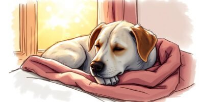 Gemaltes Bild eines Hundes, der auf einer Decke liegt