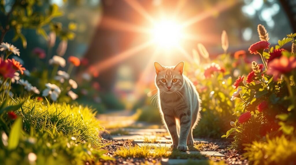 Bild einer Katze, die in einem Garten mit Blumen und einem hellen Licht dahinter spazieren geht