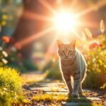 Bild einer Katze, die in einem Garten mit Blumen und einem hellen Licht dahinter spazieren geht