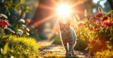 Bild einer Katze, die in einem Garten mit Blumen und einem hellen Licht dahinter spazieren geht