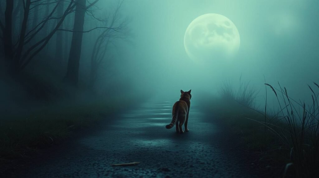 Bild einer Katze mitten im Wald mit Nebel, die zum Horizont läuft