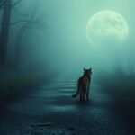 Bild einer Katze mitten im Wald mit Nebel, die zum Horizont läuft