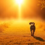 Bild eines Hundes auf dem Feld, der auf ein intensives Licht zuläuft, das vom Himmel fällt