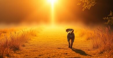 Bild eines Hundes auf dem Feld, der auf ein intensives Licht zuläuft, das vom Himmel fällt