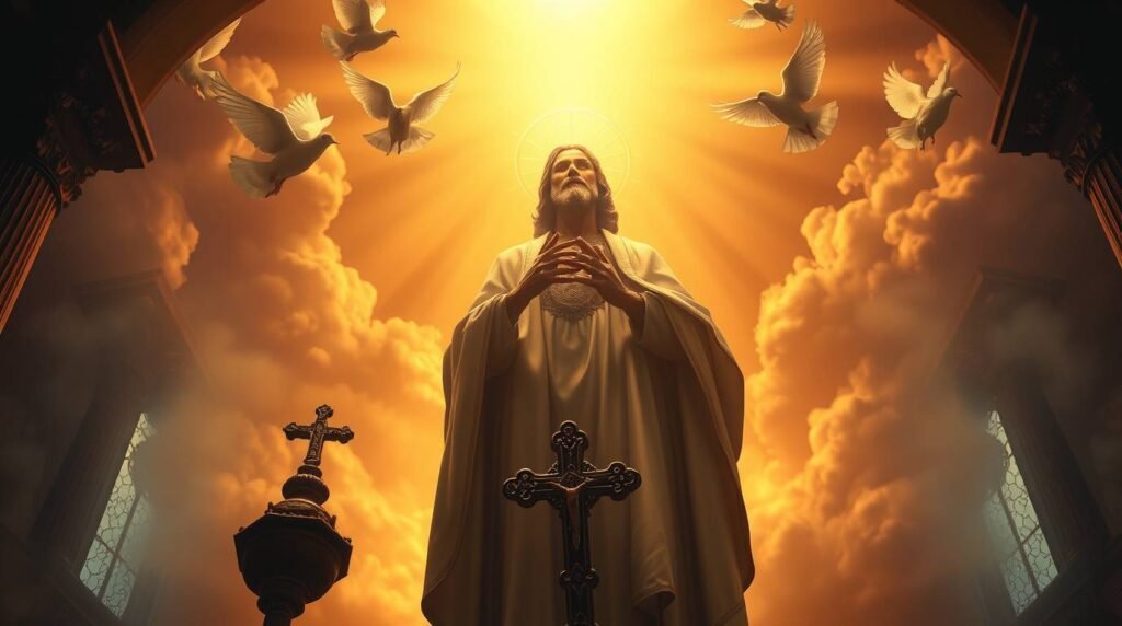 Bild von Jesus, der zum Himmel betet, mit einem intensiven Licht in der Mitte des Himmels und Tauben, die im Kreis herumfliegen