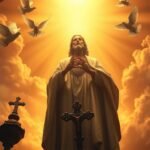 Bild von Jesus, der zum Himmel betet, mit einem intensiven Licht in der Mitte des Himmels und Tauben, die im Kreis herumfliegen
