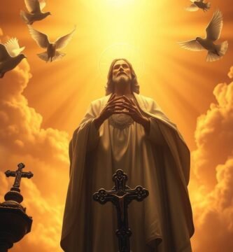 Bild von Jesus, der zum Himmel betet, mit einem intensiven Licht in der Mitte des Himmels und Tauben, die im Kreis herumfliegen