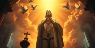Bild von Jesus, der zum Himmel betet, mit einem intensiven Licht in der Mitte des Himmels und Tauben, die im Kreis herumfliegen