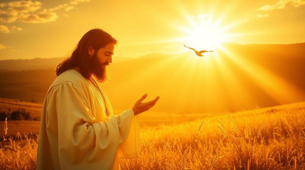 Bild von Jesus Christus bei Sonnenuntergang mit einem Feld im Hintergrund