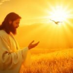 Bild von Jesus Christus bei Sonnenuntergang mit einem Feld im Hintergrund