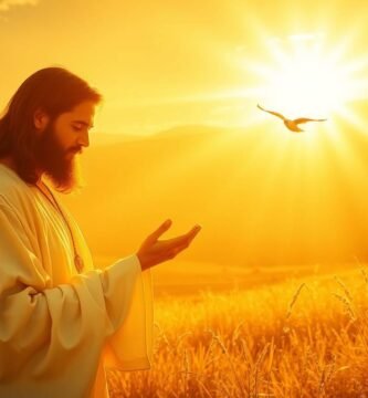 Bild von Jesus Christus bei Sonnenuntergang mit einem Feld im Hintergrund