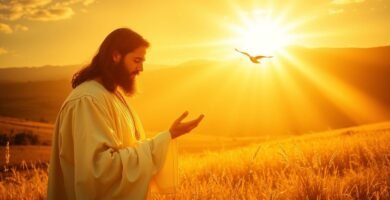 Bild von Jesus Christus bei Sonnenuntergang mit einem Feld im Hintergrund