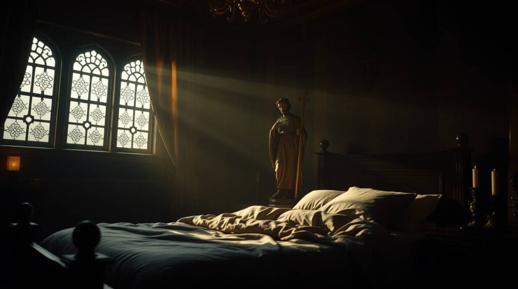 Dunkles Bild eines Raumes mit einer kleinen Jesusstatue und Licht, das durch die Fenster fällt.