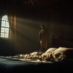 Dunkles Bild eines Raumes mit einer kleinen Jesusstatue und Licht, das durch die Fenster fällt.
