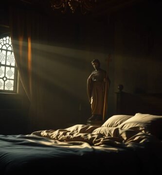 Dunkles Bild eines Raumes mit einer kleinen Jesusstatue und Licht, das durch die Fenster fällt.