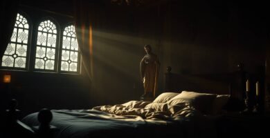 Dunkles Bild eines Raumes mit einer kleinen Jesusstatue und Licht, das durch die Fenster fällt.
