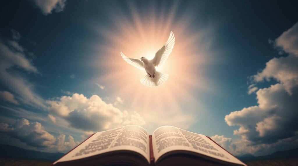 Bild einer Taube, die am Himmel fliegt, hinter ihr ein Lichtblitz und darunter eine offene Bibel.