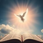 Bild einer Taube, die am Himmel fliegt, hinter ihr ein Lichtblitz und darunter eine offene Bibel.