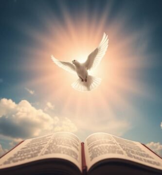 Bild einer Taube, die am Himmel fliegt, hinter ihr ein Lichtblitz und darunter eine offene Bibel.