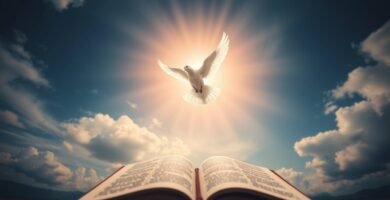 Bild einer Taube, die am Himmel fliegt, hinter ihr ein Lichtblitz und darunter eine offene Bibel.