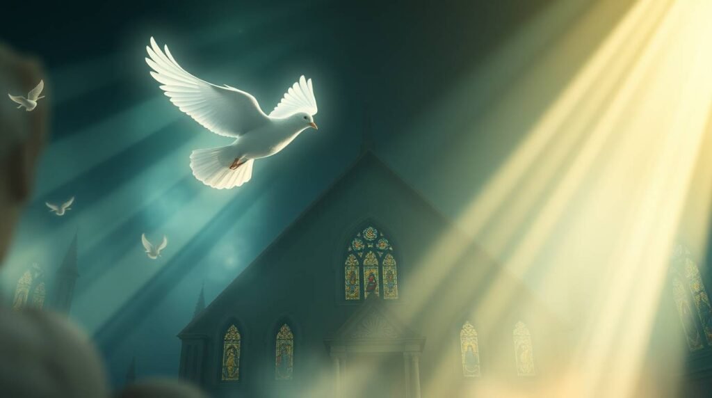 Bild einer weißen Taube, die vor einer Kirche fliegt, während ein Licht vom Himmel strahlt. Das Bild hat einen Malstil
