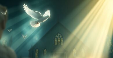 Bild einer weißen Taube, die vor einer Kirche fliegt, während ein Licht vom Himmel strahlt. Das Bild hat einen Malstil