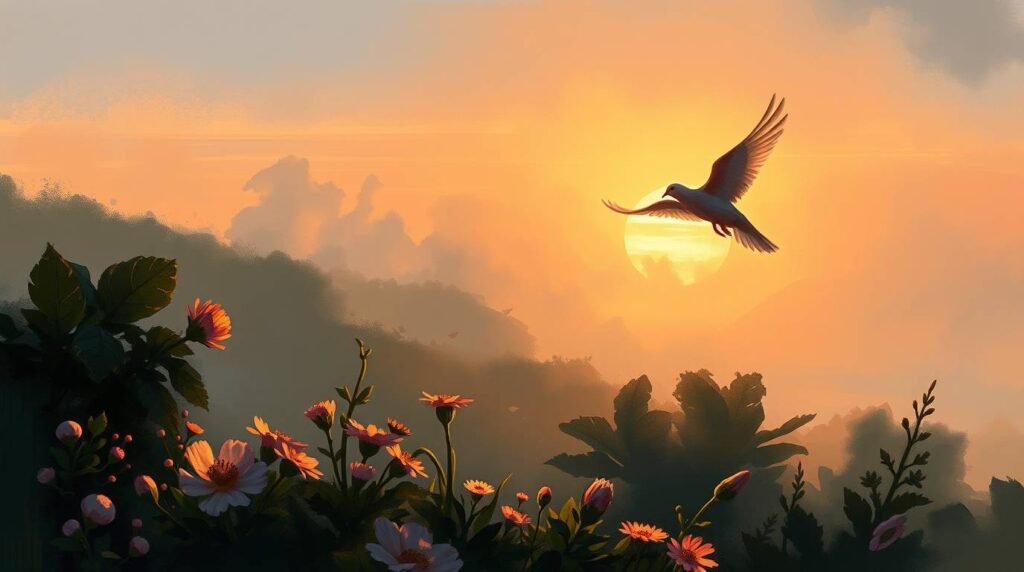 Bild einer weißen Taube, die bei Sonnenuntergang mit Blumen und einem Feld im Hintergrund fliegt