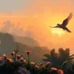 Bild einer weißen Taube, die bei Sonnenuntergang mit Blumen und einem Feld im Hintergrund fliegt