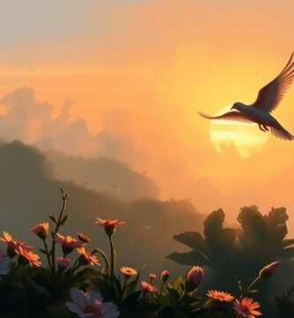 Bild einer weißen Taube, die bei Sonnenuntergang mit Blumen und einem Feld im Hintergrund fliegt