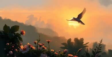 Bild einer weißen Taube, die bei Sonnenuntergang mit Blumen und einem Feld im Hintergrund fliegt