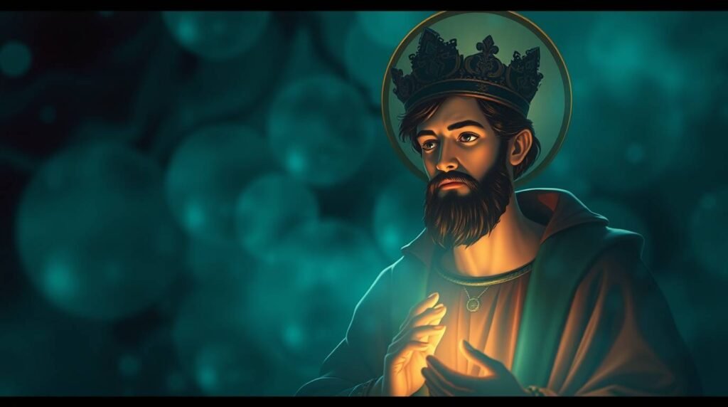 Bild des Heiligen Antonius, der betet, während aus seiner Hand ein Licht auf einem mystischen blauen Hintergrund strahlt