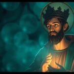 Bild des Heiligen Antonius, der betet, während aus seiner Hand ein Licht auf einem mystischen blauen Hintergrund strahlt