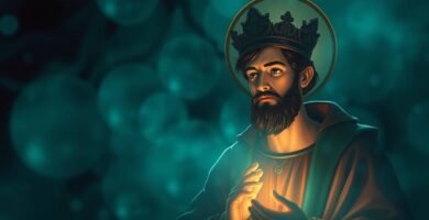 Bild des Heiligen Antonius, der betet, während aus seiner Hand ein Licht auf einem mystischen blauen Hintergrund strahlt