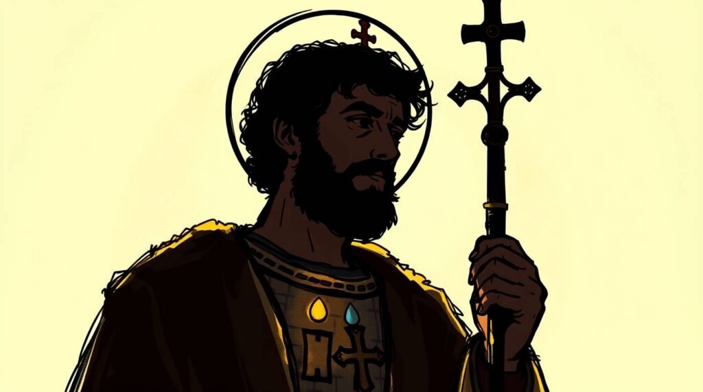 Abbildung des Heiligen Antonius im Cartoon-Stil mit einem Kreuz in der Hand auf senffarbenem Hintergrund.