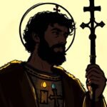 Abbildung des Heiligen Antonius im Cartoon-Stil mit einem Kreuz in der Hand auf senffarbenem Hintergrund.