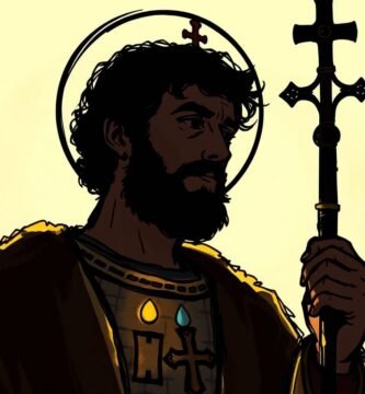 Abbildung des Heiligen Antonius im Cartoon-Stil mit einem Kreuz in der Hand auf senffarbenem Hintergrund.
