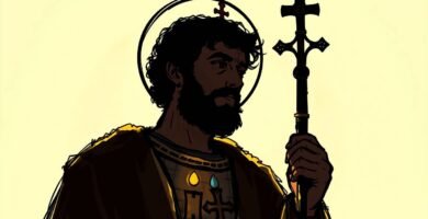Abbildung des Heiligen Antonius im Cartoon-Stil mit einem Kreuz in der Hand auf senffarbenem Hintergrund.
