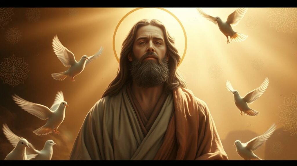 Bild von Jesus, der mit geschlossenen Augen betet, mit einem intensiven Licht hinter ihm und weißen Tauben, die um ihn herumfliegen